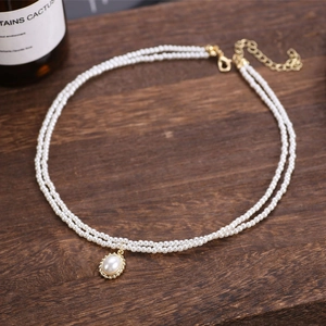 Elegant Double Layer Artificial Pearl Necklace With Oval Pendant Vintage Bridal Wedding Jewelry For Women Faux Artificial Pearl Layered Choker