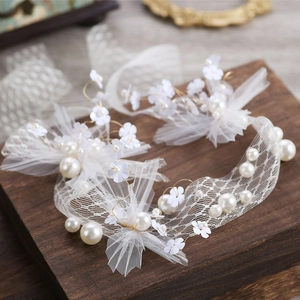 Handmade White Gauze Flower Artificial Pearl Bridal Headband Retro Lace Mesh Floral Hair Band Wedding Party Women Hair Accessories