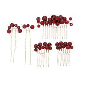 Handmade 5-piece bridal hair jewelry set with red pearls and golden wire hair combs