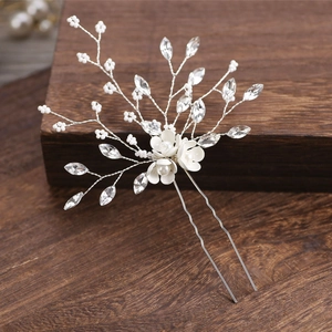Épingle à Cheveux de Mariée Faite à la Main Fleur Blanche Künstliche Perle d'Imitation Strass Mariage Épingle Argent Alliage Fil Branche Élégant Accessoires Cheveux Femme