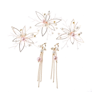 Handmade bridal hair accessories set with pearl leaves and crystal tassel earrings