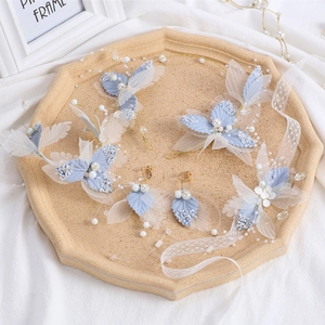 Gray blue bridal hair accessory set with leaf rhinestones, pearls and matching earrings