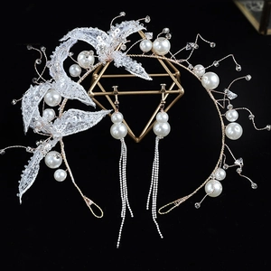 Handmade Bridal Headband And Fringe Earrings White Lace Faux Artificial Pearl Crystal Flower Leaf Wedding Hair Accessories For Women