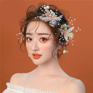Parure de mariée avec épingles à cheveux, clips d'oreilles, perles et fleurs en tulle blanc
