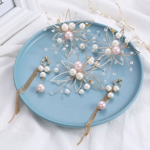 Handmade Bridal Flower Leaf Hair Pins And Artificial Pearl Tassel Earrings Set Gold Alloy Rhinestone Hair Accessories For Wedding