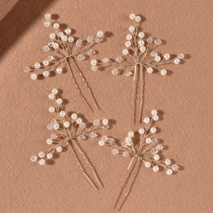 Élégant lot de 4 épingles à cheveux de mariée dorées avec perles blanches et fleurs