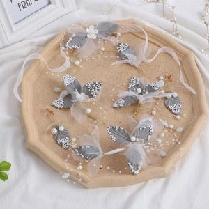 Bridal Handmade Hair Accessory Set Grey Blue Fabric Leaf Rhinestone Artificial Pearl Headband Earrings Clip Hairpin Wedding Jewelry