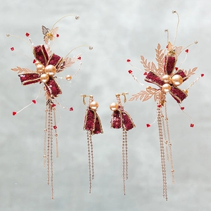 Parure de Bijoux de Mariée Fait Main Rouge Vin Nœud à Paillettes Pinces à Cheveux Gland Collier de Künstliche Perles Pour Mariage Femme
