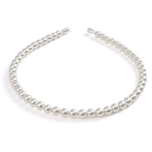 Elegant pearl headband featuring uniform white faux pearls on a slim silver metal base