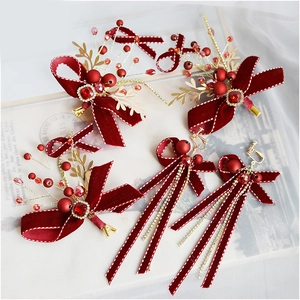 Französischer Vintage Weinrot Samtschleife Haarspangen Und Ohrring Set Handgefertigt Strass Quaste Hochzeit Braut Haarschmuck Für Damen