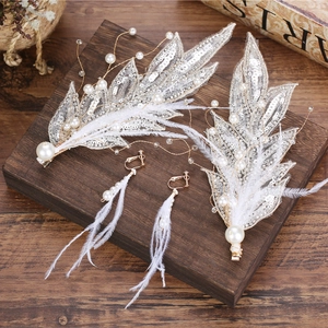 Barrettes Et Boucles D'oreilles De Mariée Fait Main Avec Künstliche Perles Plumes Dentelle Paillettes Design De Feuille Bijoux Élégants De Mariage Pour Femmes