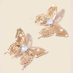 Luxury Gold Alloy Hollow Butterfly Hair Clips Rhinestone Faux Artificial Pearl Blue Gemstone Wedding Party Women Hair Accessories