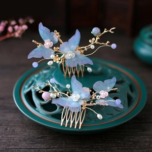 Handmade 3D Blue Gauze Butterfly Bridal Hair Combs Alloy Faux Artificial Pearl Floral Vintage Hanfu Style Wedding Headpiece For Women