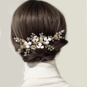 Handmade Bridal Hair Comb Artificial Pearl Crystal Gold Leaf Flower Wedding Headpiece For Women Party Hair Accessories