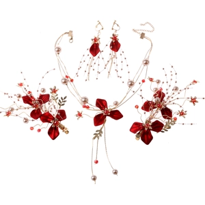 Rotes und goldenes Brauthaarschmuck-Set mit Ohrringen für Hochzeitsfeiern