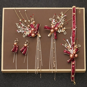 Parure Bijoux Mariage Chinois Nœud Paillettes Künstliche Perles Alliage Glands Pinces Cheveux Collier Boucles Oreilles Mariée