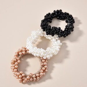 Ensemble de trois élastiques à cheveux en perles élégantes noirs, blancs et champagne