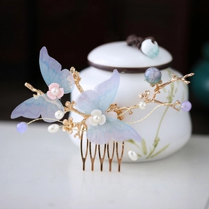 Elegant gold bridal hair comb set with blue tulle butterflies and floral pearl accents