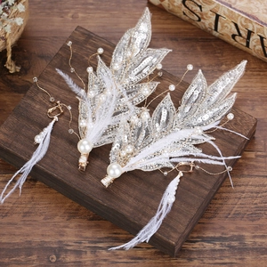 Set barrettes de mariée à plumes et boucles d'oreilles perles avec paillettes argent