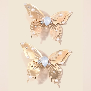Set of 2 golden butterfly hair clips with opal rhinestones and faux pearl accents