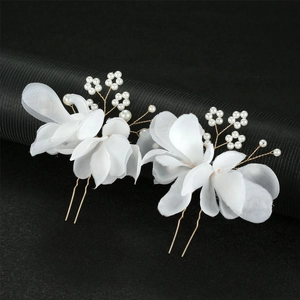 Set of two white bridal hair pins with organza flowers and pearls on gold U-shaped clips