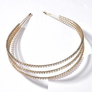 Serre-tête élégant à trois rangées dorées avec strass brillants pour coiffure de mariée
