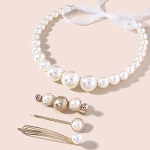 Elegant pearl choker with white silk ribbon and three vintage gold pearl hair clips set