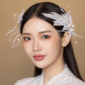 Barrettes de mariée élégantes avec plumes blanches et perles et boucles d'oreilles assorties