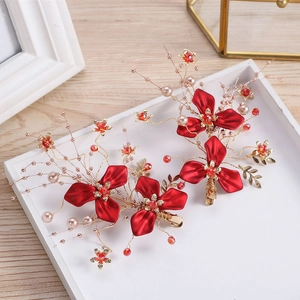 Rote Blume Braut Haarklammern Mit Kunstperle Golddraht Handgefertigte Chinesischen Stil Hochzeit Kopfschmuck Für Damen Party