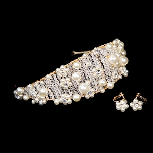 Handmade bridal headband and floral earring set with white pearls and crystals