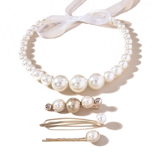 Elegant pearl necklace with satin bow and vintage pearl hair clip set for women