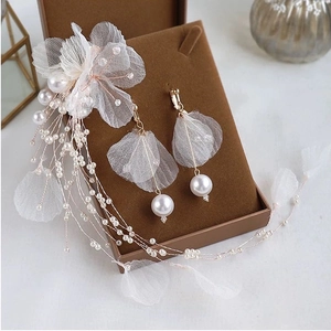 Bridal Headwear White Organza Flower Artificial Pearl Tassel Hair Chain And Drop Earrings For Women Elegant Romantic Wedding Jewelry
