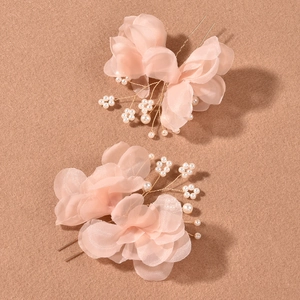 Bridal Artificial Pearl Flower Hair Stick U-shaped Hairpin Organza Flower Hair Jewelry For Women Wedding Banquet Party Elegant Accessory