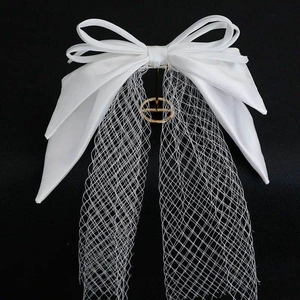 Elegant white satin bow hair clip with long mesh veil and gold center metal buckle decoration