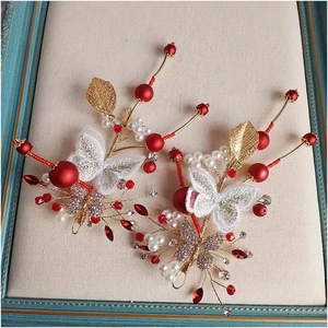 Red bridal hair clips with embroidery butterflies, pearls and gold beads for wedding