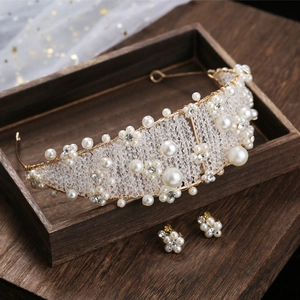 Handmade Bridal Hair Crown Headband And Clip Earrings Gold Artificial Pearl Crystal Rhinestone Floral Wedding Jewelry For Women