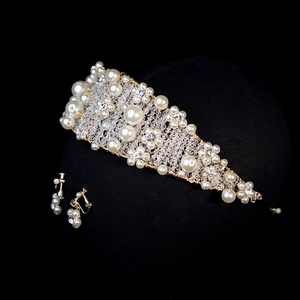 Handmade bridal pearl and rhinestone headband set with matching clip-on earrings