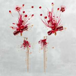 Élégant Accessoire de Cheveux de Mariée Rouge Avec Boucles d'Oreilles à Glands Alliage Fait Main Perle Artificielle Fleur Papillon Bijoux de Tête Mariage
