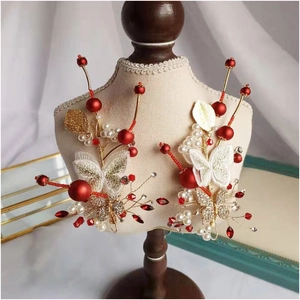 Vintage Chinese Style Red Embroidered Butterfly Bridal Hair Clip Set For Wedding Hair Accessories With Artificial Pearls And Rhinestones