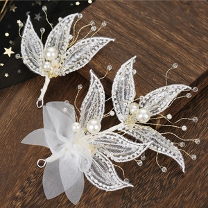 Handmade Bridal Hair Clips White Lace Leaf Artificial Pearl Crystal Gold Wire Wedding Headpiece Brides Women Party Hair Accessories
