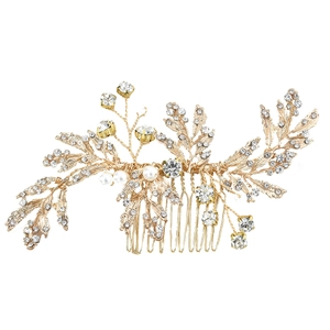 Handmade bridal hair comb with golden leaves, rhinestones and faux pearls for weddings