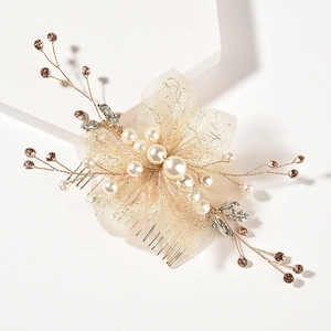 Peigne à Cheveux Mariée Or Avec Fausse Künstliche Perle Strass Fleur en Maille Fait à la Main Élégant Coiffe Mariage Femmes Accessoires