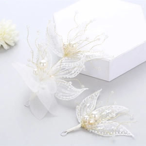 Elegant white sequin leaf bridal hair accessories with crystals and pearls set of two