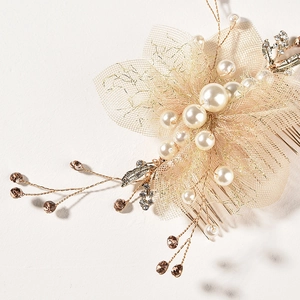 Peigne à cheveux de mariée avec fleur en tulle doré, perles et cristaux champagne