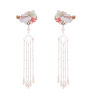 Traditional Chinese rabbit hair clips with long tassels and pink flower accents for girls