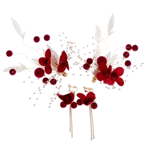 Parure de mariage chinoise élégante avec épingles à fleurs en velours bordeaux et glands