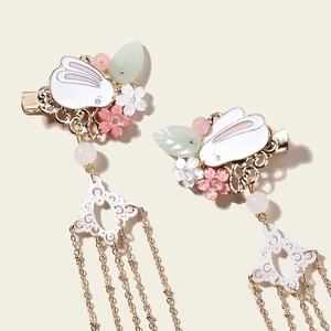 Traditional Chinese rabbit hair clips with tassels and flowers for girls hanfu costume