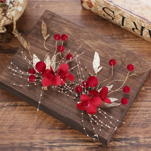 Barrettes à fleurs en velours rouge pour mariée avec feuilles dorées et perles de mariage