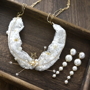 Bridal Sequin Star Mesh Headband With Long Artificial Pearl Drop Earrings Set Elegant Wedding Hair Accessory For Women Party Jewelry