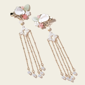 Hanfu rabbit hair clips for girls with pink flowers and long gold tassel beads